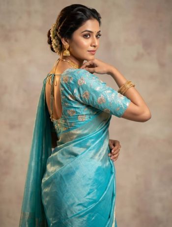 RICH LOOK SPACE SILK PLAIN SAREE WITH HANDWORK SEQUENCE WORK UNSTITCHED BLOUSE SKY