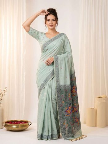 TRENDING MUGA COTTON RESHAM WEAVING MADHUBANI WORK SAREE WITH UNSTITCHED BLOUSE SKY
