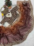 LUXURY FANDY CHIFFON SILK SEQUINS WITH JARI THREAD EMBROIDERY WORK SAREE WITH STITCHED BLOUSE BROWN