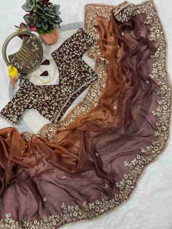 LUXURY FANDY CHIFFON SILK SEQUINS WITH JARI THREAD EMBROIDERY WORK SAREE WITH STITCHED BLOUSE BROWN