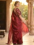 RICH LOOK SPACE SILK PLAIN SAREE WITH HANDWORK SEQUENCE WORK UNSTITCHED BLOUSE MAROON