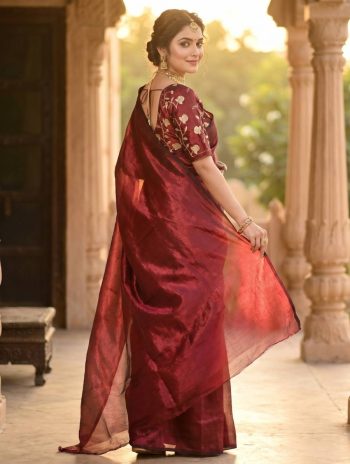 RICH LOOK SPACE SILK PLAIN SAREE WITH HANDWORK SEQUENCE WORK UNSTITCHED BLOUSE MAROON