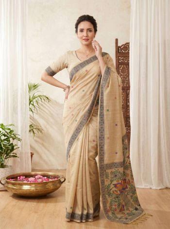 TRENDING MUGA COTTON RESHAM WEAVING MADHUBANI WORK SAREE WITH UNSTITCHED BLOUSE WHITE