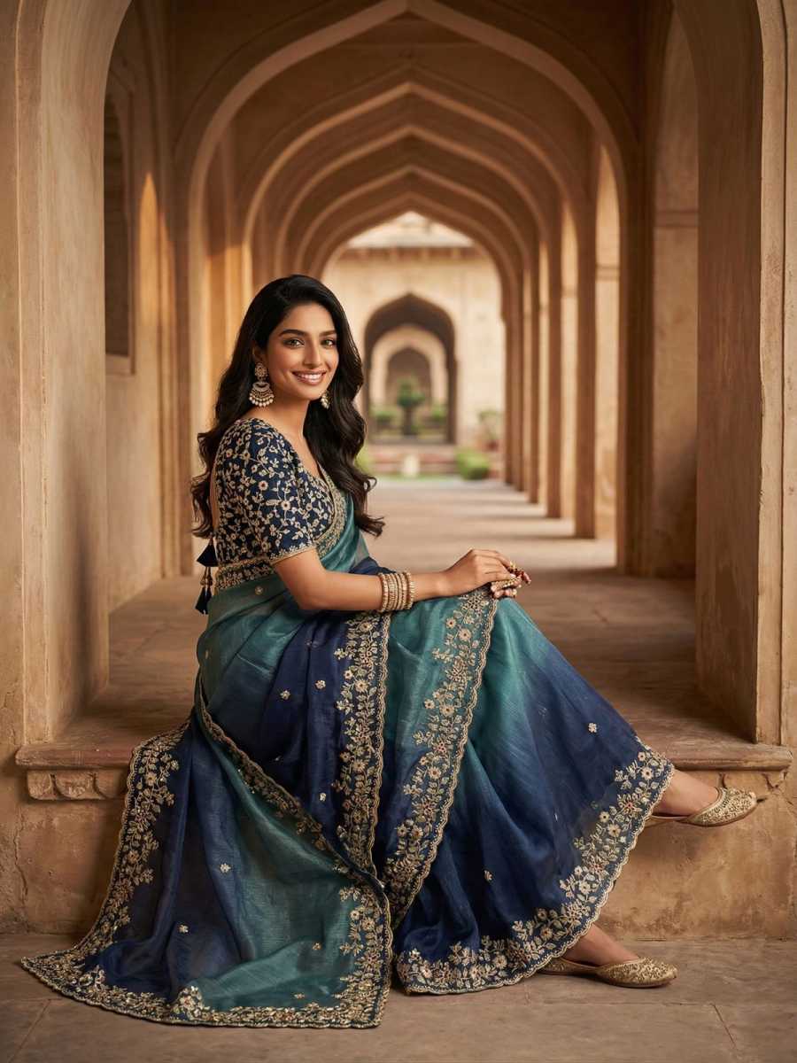 6LUXURY FANDY CHIFFON SILK SEQUINS WITH JARI THREAD EMBROIDERY WORK SAREE WITH STITCHED BLOUSE SEASONABLE WEAR WHOLESALE PRICE ETHNIC GARMENT (37)