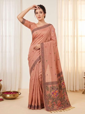 TRENDING MUGA COTTON RESHAM WEAVING MADHUBANI WORK SAREE WITH UNSTITCHED BLOUSE PEACH