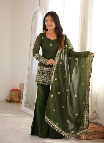FANCY CRUNCHY SILK EMBROIDERY SEQUENCE AND JARI WORK TOP PALAZZO WITH DUPATTA GREEN
