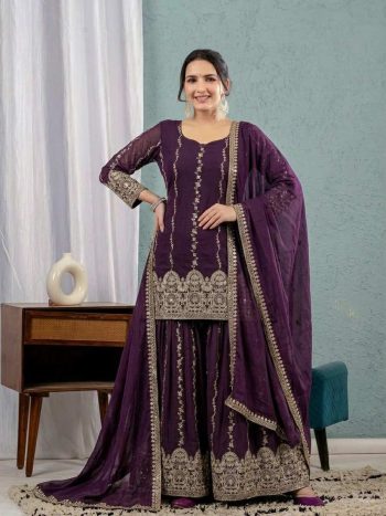 ATTRACTIVE CRUNCHY SILK SEQUENCE EMBROIDERY WORK TOP SHARARA WITH DUPATTA WINE