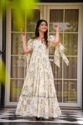 ATTRACTIVE POLY RAYON PRINTED WORK GOWN WHITE