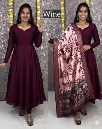 ATTRACTIVE VICHITHRA SILK PLAIN WORK ANARKALI DRESS WITH DUPATTA WINE