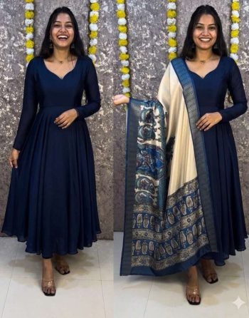 ATTRACTIVE VICHITHRA SILK PLAIN WORK ANARKALI DRESS WITH DUPATTA NAVY BLUE