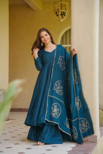 ATTRACTIVE VICHITRA SILK  EMBROIDERY WORK GOWN PALAZZO WITH DUPATTA TEAL