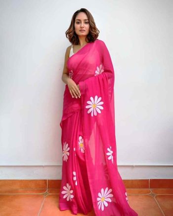 ATTRECTIVE LINEN COTTON DAISY FLORAL PRINT SAREE WITH UNSTITCHED BLOUSE