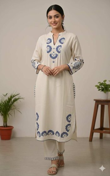 BOLLYWOOD COTTON FLEX EMBROIDERY WORK CO-ORD SET OFF WHITE