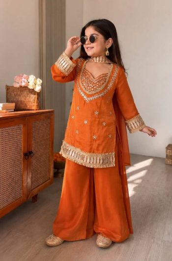 BOLLYWOOD CHINON SILK EMBROIDERY AND MIRROR HAND WORK TOP PALAZZO WITH DUPATTA ORANGE