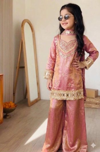 BOLLYWOOD CHINON SILK EMBROIDERY AND MIRROR HAND WORK TOP PALAZZO WITH DUPATTA PEACH