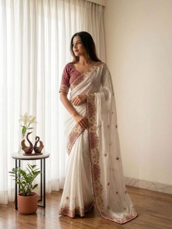BOLLYWOOD SOFT CRUNCHY SEQUENCE  AND THREAD EMBROIDERY WORK SAREE WITH UNSTITCHED BLOUSE WHITE