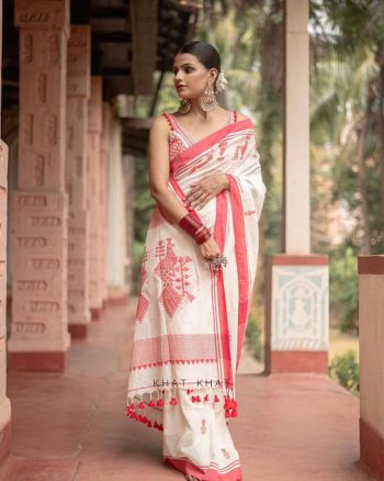 BOLLYWOOD SOFT LILAN SLAB JACQUARD WORK SAREE WITH UNSTITCHED BLOUSE WHITE