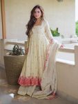 DESIGNER CDIAMOND SILK EMBROIDERY WORK GOWN PALAZZO WITH DUPATTA OFF WHITE