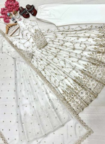 DESIGNER CHINON SILK EMBROIDERY SEQUENCE MIRROR WORK GOWN BOTTOM WITH DUPATTA WHITE