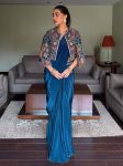 DESIGNER CHINON SILK SAMOSA LACE BORDER READY TO WEAR SAREE AND BLOUSE WITH ZARI AND THREAD EMBROIDERY WORK KOTI TEAL
