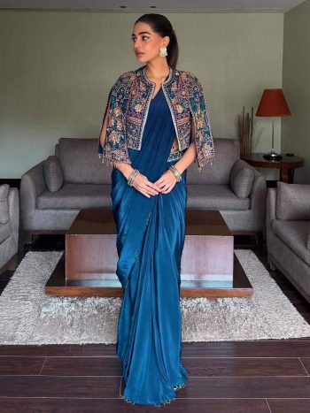 DESIGNER CHINON SILK SAMOSA LACE BORDER READY TO WEAR SAREE AND BLOUSE WITH ZARI AND THREAD EMBROIDERY WORK KOTI TEAL
