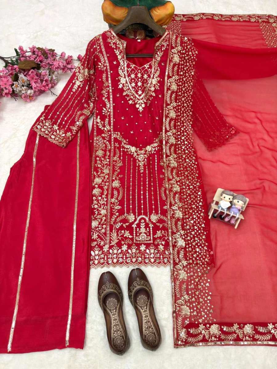 DESIGNER CHINON ZARI & SEQUENCE EMBROIDERY WORK TOP PALAZZO WITH DUPATTA WEDDING WEAR WHOLESALE PRICE ETHNIC GARMENT (1)