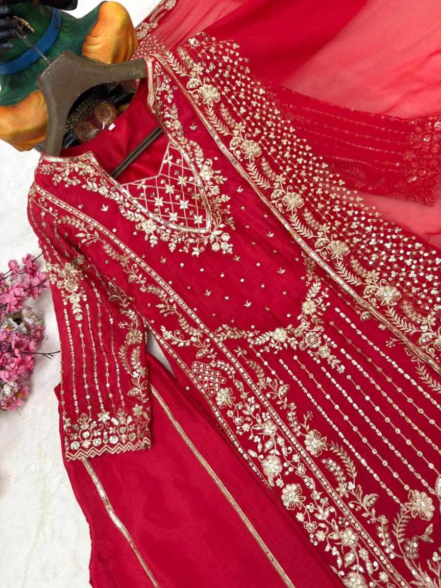 DESIGNER CHINON ZARI & SEQUENCE EMBROIDERY WORK TOP PALAZZO WITH DUPATTA WEDDING WEAR WHOLESALE PRICE ETHNIC GARMENT (19)