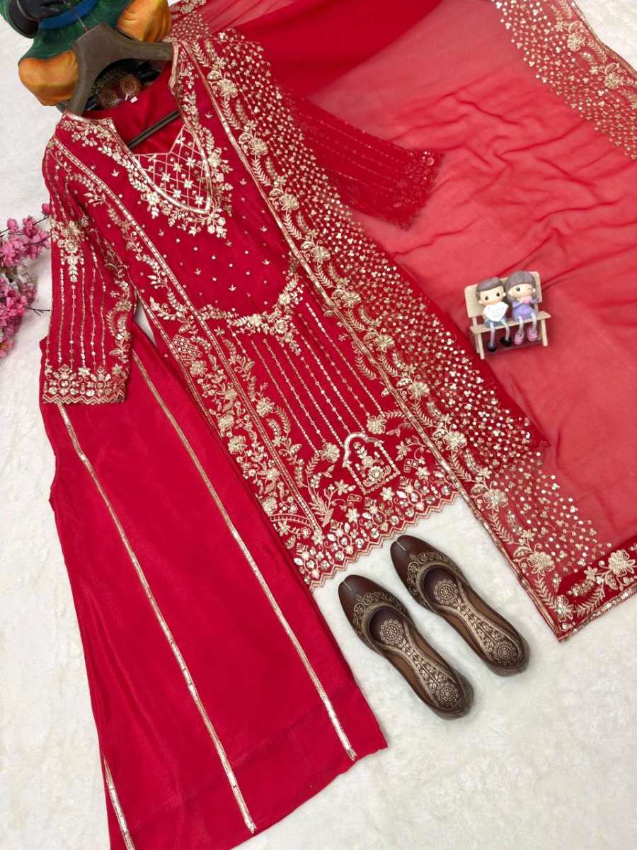 DESIGNER CHINON ZARI & SEQUENCE EMBROIDERY WORK TOP PALAZZO WITH DUPATTA WEDDING WEAR WHOLESALE PRICE ETHNIC GARMENT (22)