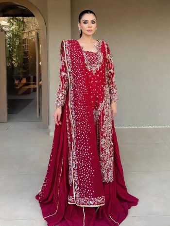 DESIGNER CHINON ZARI & SEQUENCE EMBROIDERY WORK TOP PALAZZO WITH DUPATTA RED