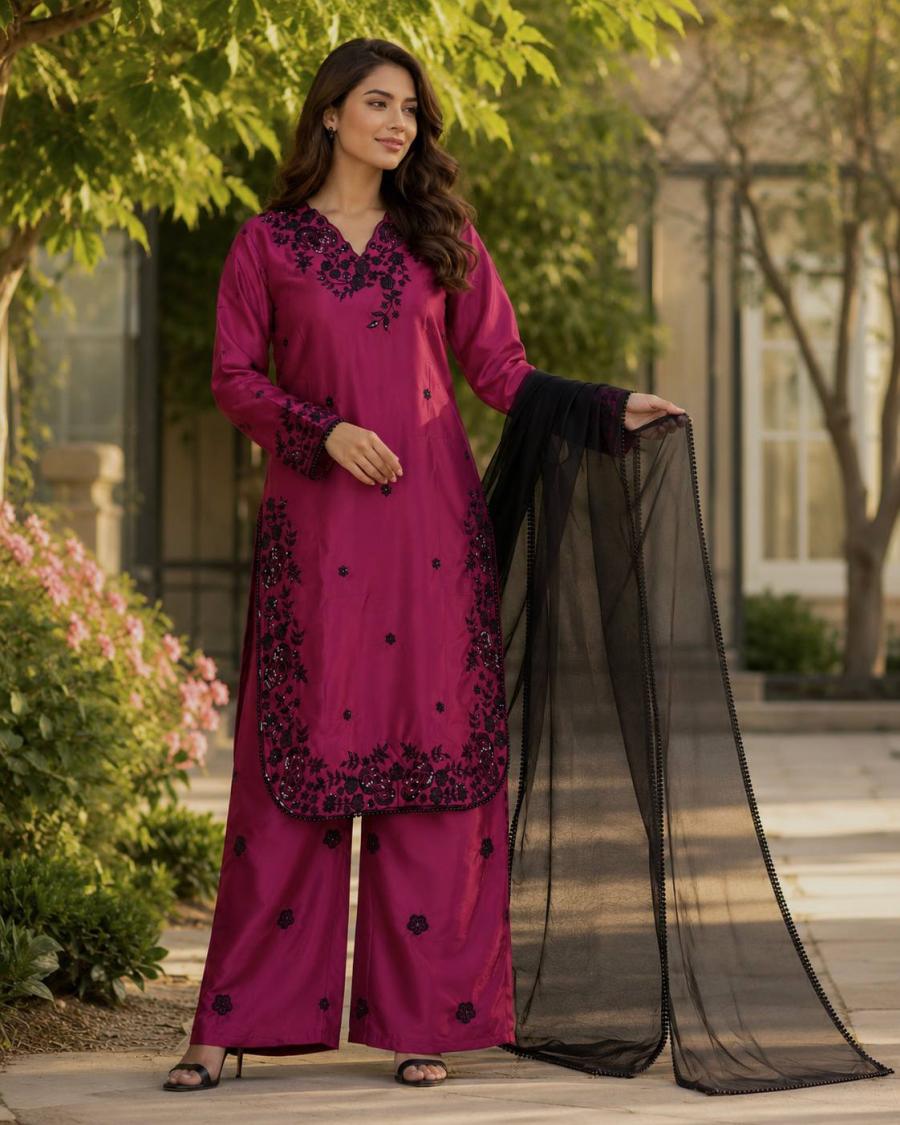 DESIGNER CREPE EMBROIDERY WITH SEQUENCE WORK TOP PALAZZO WITH DUPATTA FESTIVE WEAR WHOLESALE PRICE ETHNIC GARMENT (3)