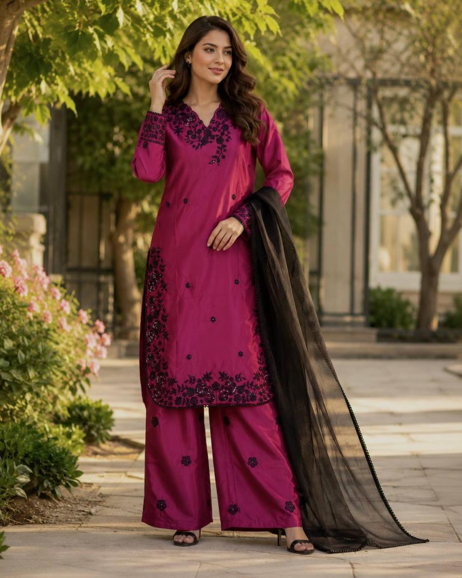 DESIGNER CREPE EMBROIDERY WITH SEQUENCE WORK TOP PALAZZO WITH DUPATTA FESTIVE WEAR WHOLESALE PRICE ETHNIC GARMENT (4)