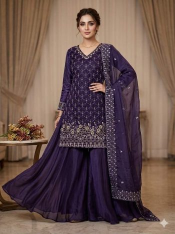 FABULOUS GEORGETTE SEQUENCE EMBROIDERY WORK TOP BOTTOM WITH DUPATTA PURPLE