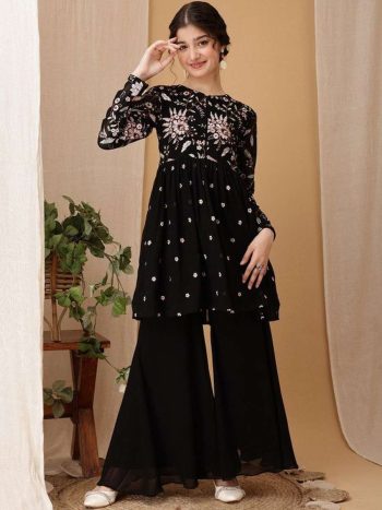 DESIGNER GEORGETTE EMBROIDERY TOP PALAZZO SET BLACK