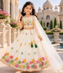 DESIGNER GEOGETTE MULTI EMBROIDERY  WORK KID'S LEHENGA CHOLI WITH DUPATTA WHITE