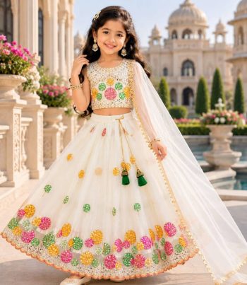 DESIGNER GEOGETTE MULTI EMBROIDERY  WORK KID'S LEHENGA CHOLI WITH DUPATTA WHITE