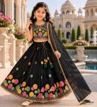 DESIGNER GEOGETTE MULTI EMBROIDERY  WORK KID'S LEHENGA CHOLI WITH DUPATTA BLACK