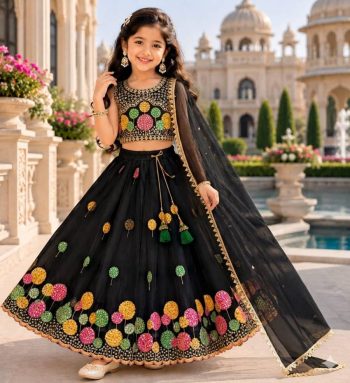 DESIGNER GEOGETTE MULTI EMBROIDERY  WORK KID'S LEHENGA CHOLI WITH DUPATTA BLACK