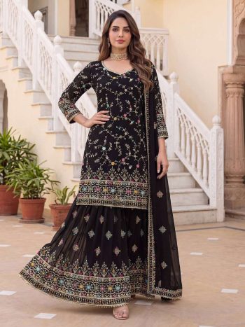 DESIGNER GEORGETTE EMBROIDERY THREAD SEQUENCE ZARI WORK TOP SHARARA WITH DUPATTA BLACK