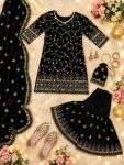 DESIGNER GEORGETTE EMBROIDERY THREAD SEQUENCE ZARI WORK TOP SHARARA WITH DUPATTA BLACK (1)