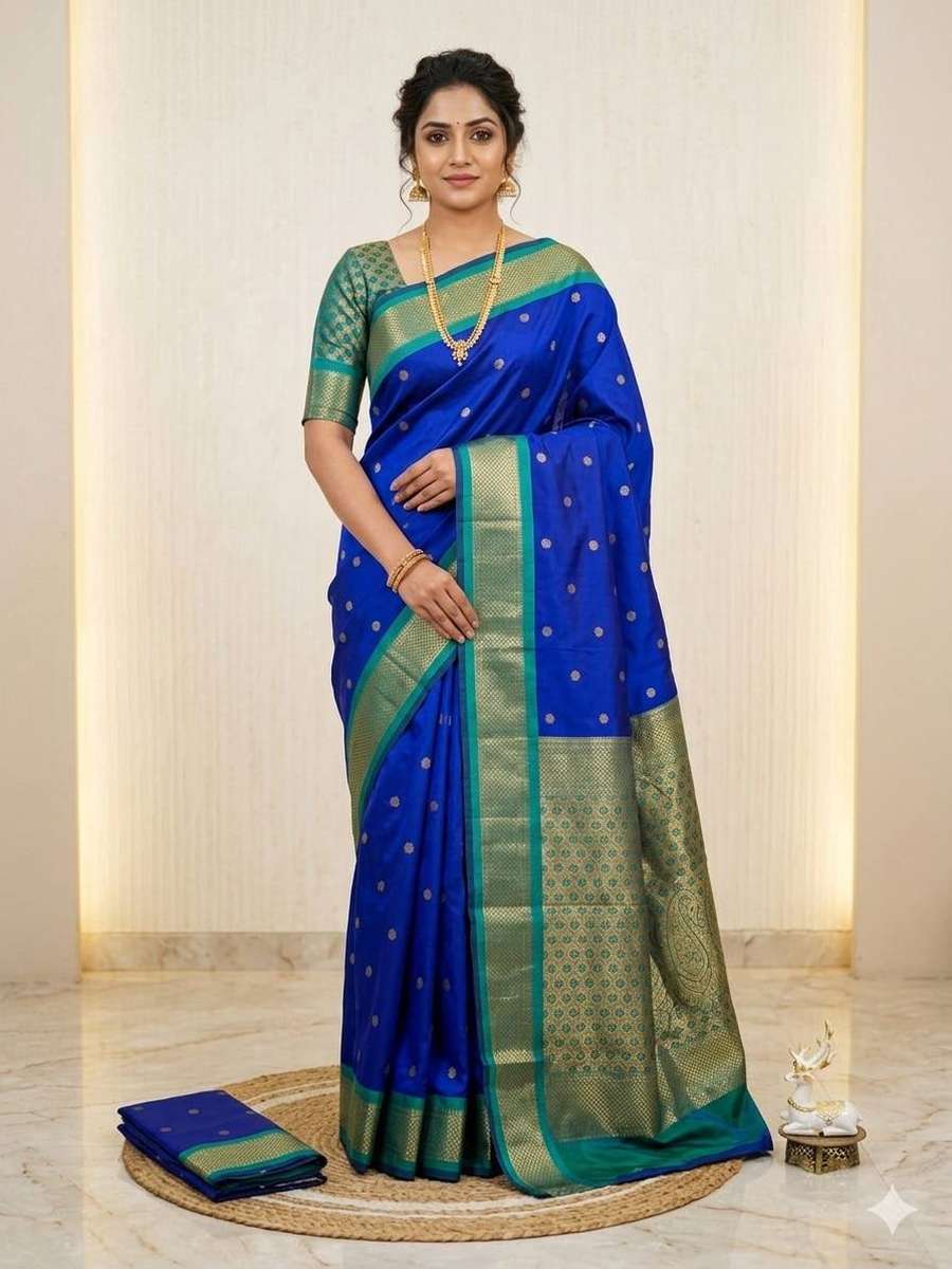 DESIGNER KANIJIVARAM SOFT SILK GOLD ZARI BHTI WEAVES WORK SAREE WITH UNSTITCHED BLOUSE CASUAL WEAR WHOLESALE PRICE ETHNIC GARMENT (1)