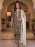 DESIGNER RAYON EMBROIDERY WORK WITH PAPER WORK MIRROR EFFECT WORK TOP PALAZZO WITH DUPATTA  KHAKI