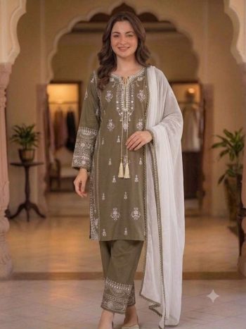 DESIGNER RAYON EMBROIDERY WORK WITH PAPER WORK MIRROR EFFECT WORK TOP PALAZZO WITH DUPATTA KHAKI