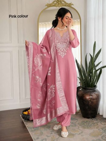 DESIGNER SLUB COTTON EMBROIDERY WORK TOP BOTTOM WITH DUPATTA BABY PINK