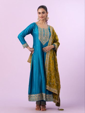 DESIGNER VICHITRA SILK EMBROIDERY WORK ANARKALI BOTTOM WITH DUPATTA BLUE