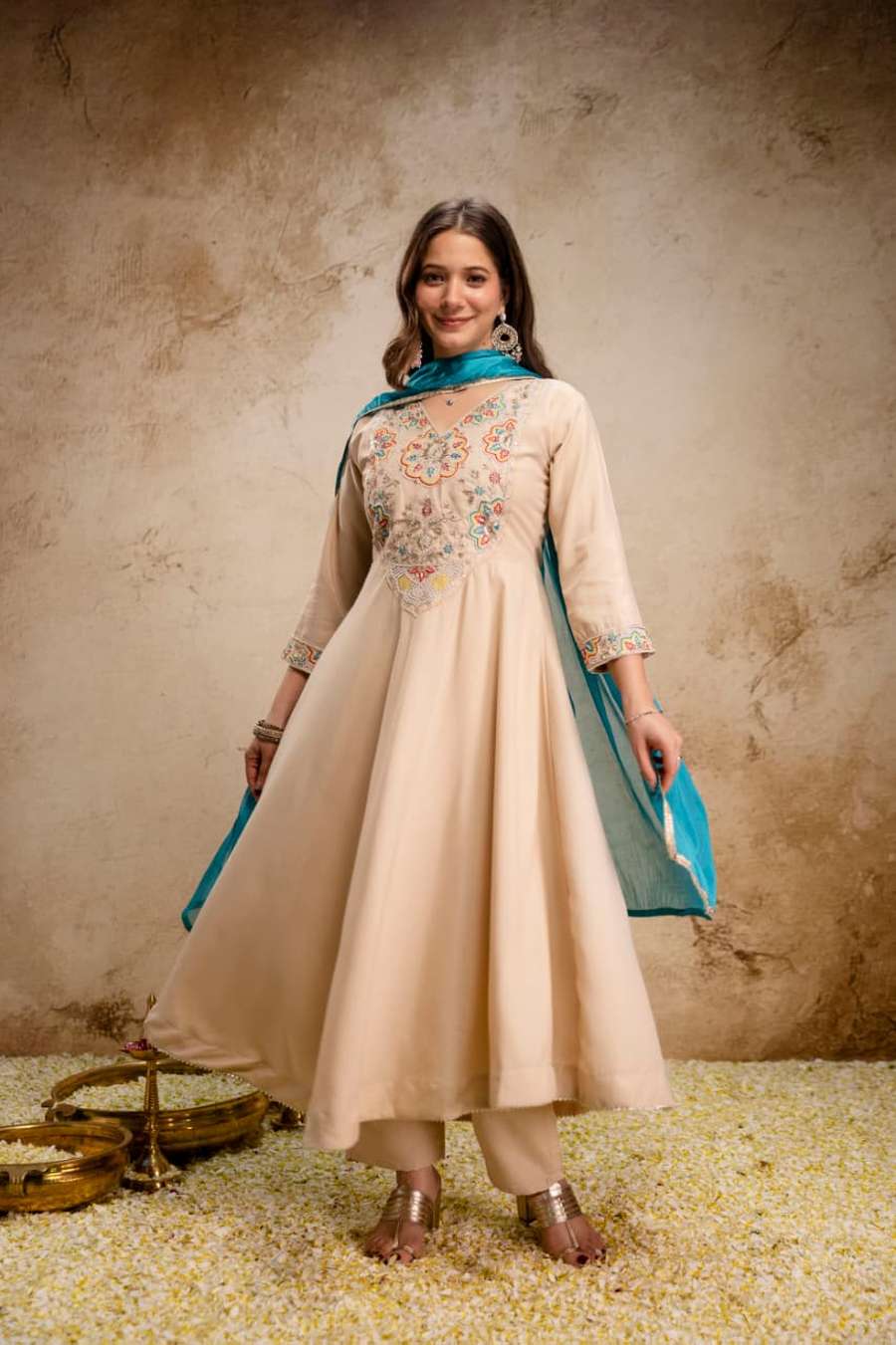 DESIGNER VISCOSE CHANDERI EMBROIDERY BEADS WORK GOWN BOTTOM WITH DUPATTA CASUAL WEAR WHOLESALE PRICE ETHNIC GARMENT (19)