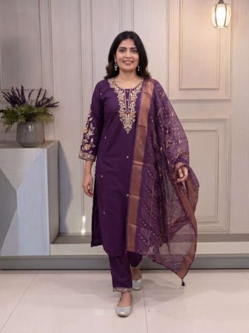 FABULOUS COTTON BLEND EMBROIDERY SEQUENCE WORK TOP BOTTOM WITH DUPATTA PURPLE