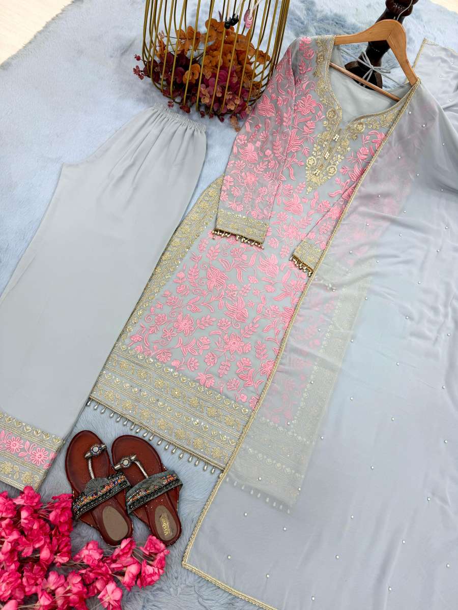 FABULOUS FAUX GEORGETTE EMBROIDERY SEQUENCE WORK TOP BOTTOM WITH DUPATTA FESTIVAL WEAR WHOLESALE PRICE ETHNIC GARMENT (10)