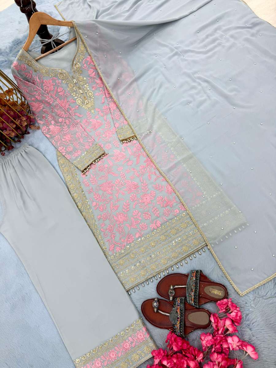 FABULOUS FAUX GEORGETTE EMBROIDERY SEQUENCE WORK TOP BOTTOM WITH DUPATTA FESTIVAL WEAR WHOLESALE PRICE ETHNIC GARMENT (11)