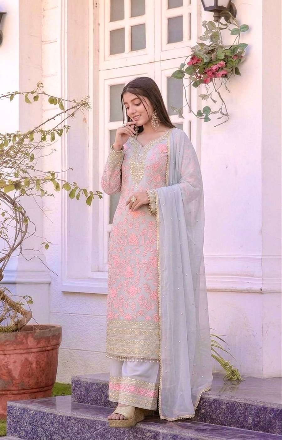 FABULOUS FAUX GEORGETTE EMBROIDERY SEQUENCE WORK TOP BOTTOM WITH DUPATTA FESTIVAL WEAR WHOLESALE PRICE ETHNIC GARMENT (7)