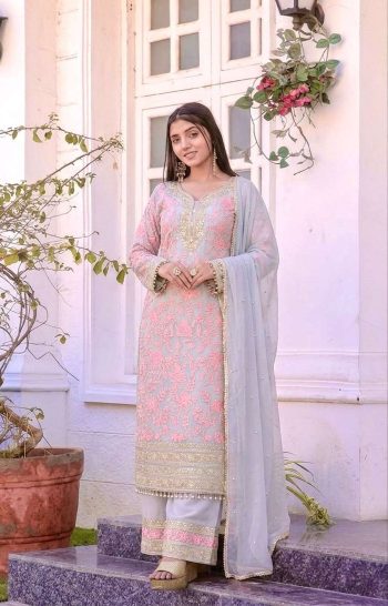 FABULOUS FAUX GEORGETTE EMBROIDERY SEQUENCE WORK TOP BOTTOM WITH DUPATTA BABY PINK